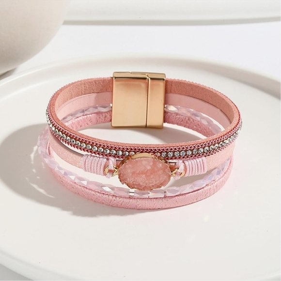 Faux Druzy And Faux Leather Multi-layered Wrap Bracelet - Picture 2 of 4